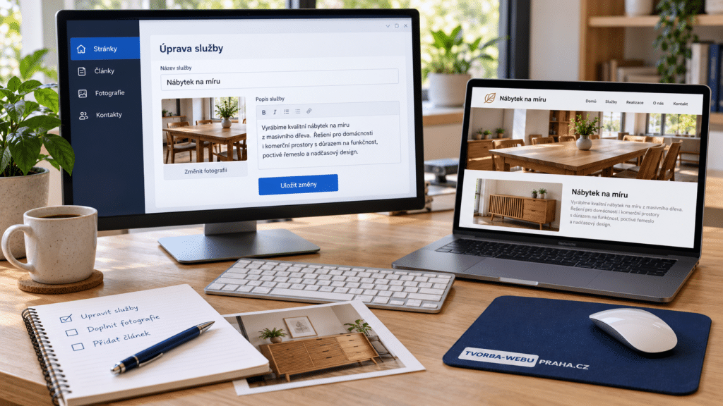 Úprava textu služby a fotografie v editoru webu s náhledem hotové stránky na notebooku